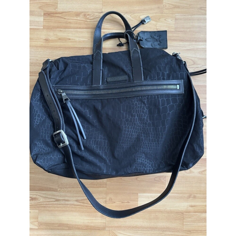 John Varvatos Croc Embossed Ballistic Nylon Leather Duffel Weekender Bag Black